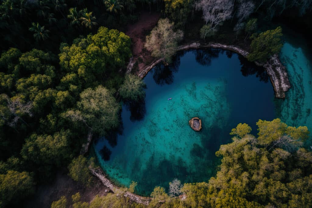 Cenote circulaire vu du ciel, entouré de forêt dense, au Mexique.