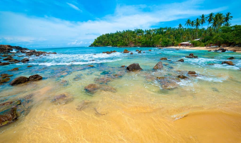 Plage de sable doré avec eau turquoise, rochers et cocotiers en arrière-plan