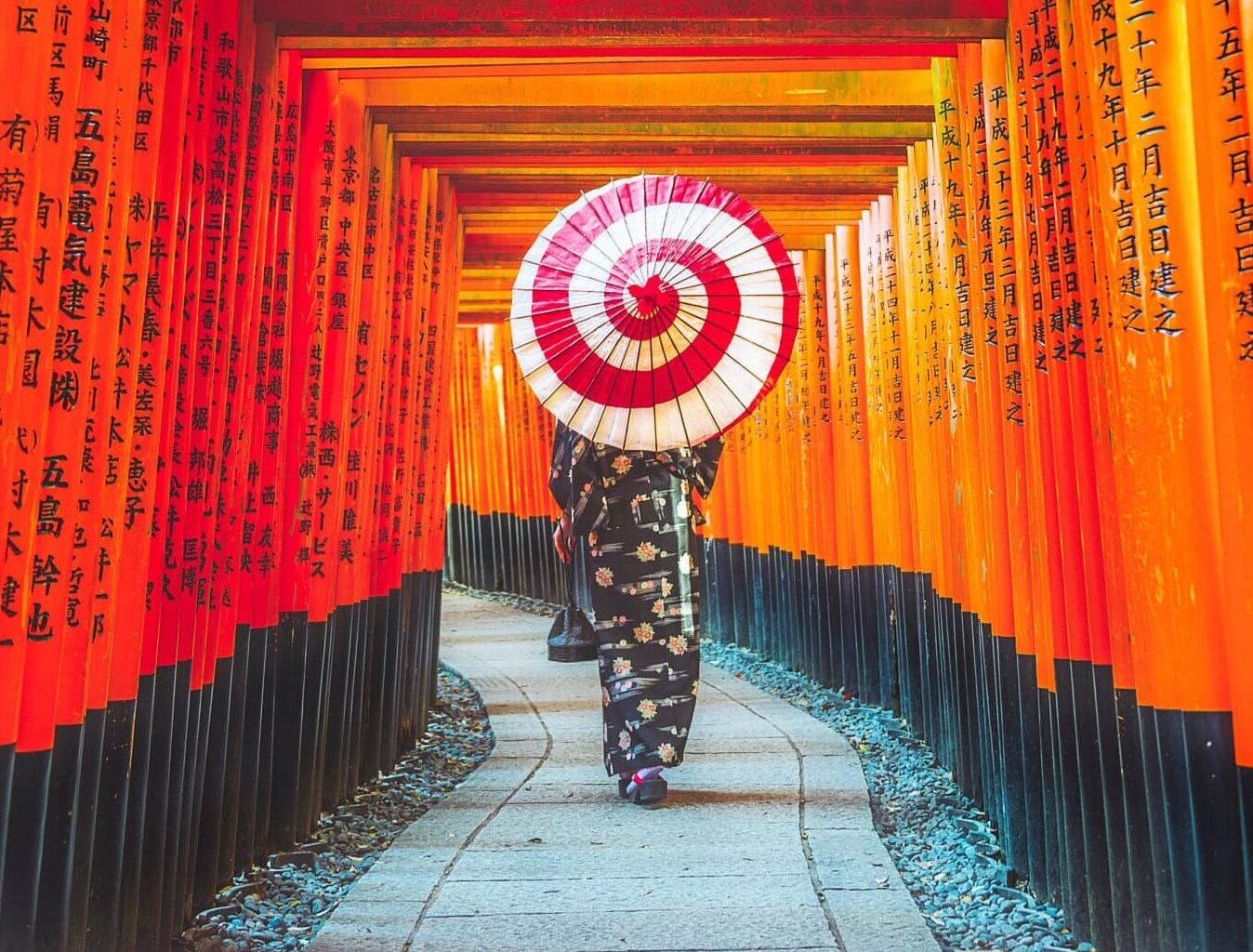 Une femme en kimono sous les milliers de torii rouges du sanctuaire Fushimi Inari à Kyoto.