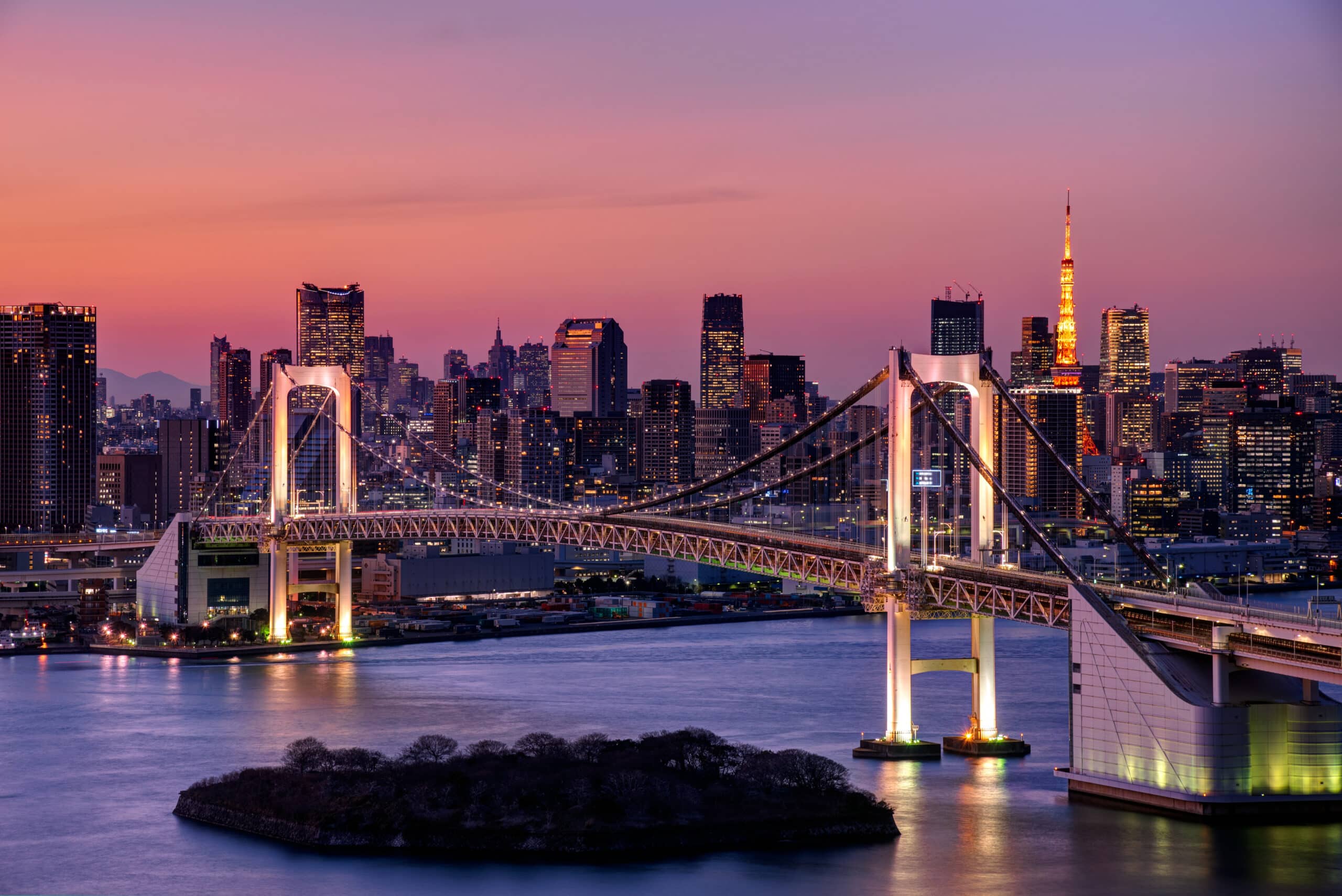 http://Le%20Rainbow%20Bridge%20illuminé%20avec%20la%20skyline%20de%20Tokyo%20et%20la%20Tokyo%20Tower%20scintillante%20au%20crépuscule.