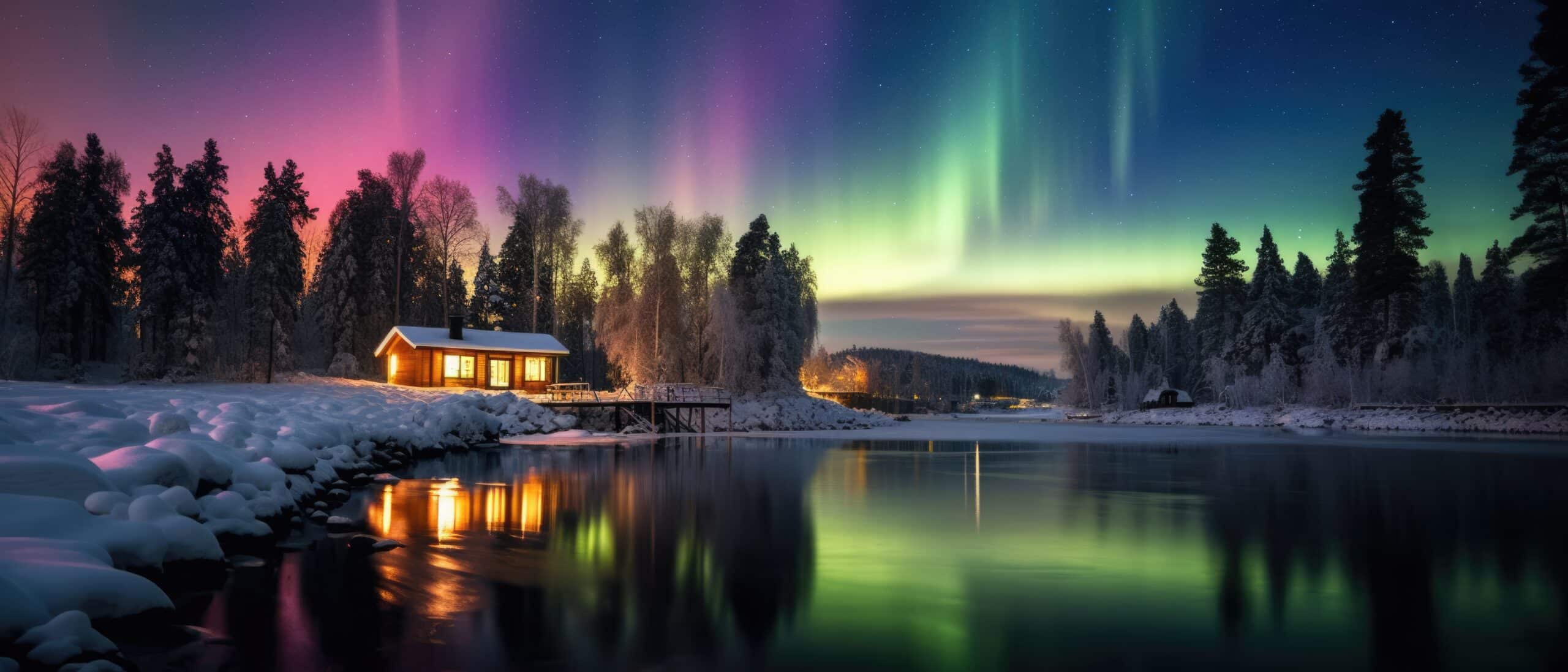 http://Aurores%20boréales%20colorées%20au-dessus%20d’un%20chalet%20illuminé%20au%20bord%20d’un%20lac%20gelé