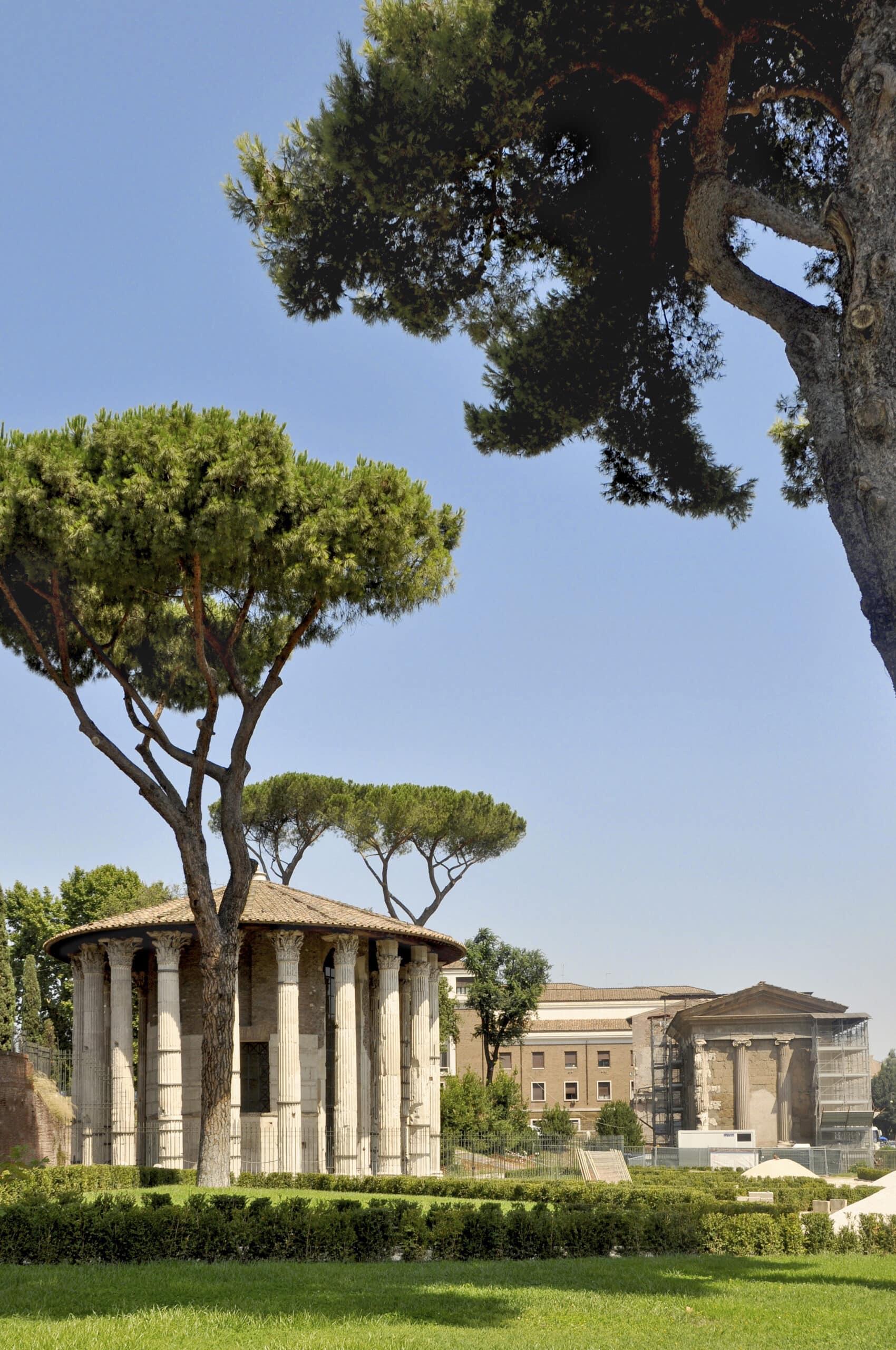 http://Vue%20du%20temple%20circulaire%20de%20Vesta%20entouré%20de%20pins%20parasols%20dans%20un%20cadre%20verdoyant%20à%20Rome.