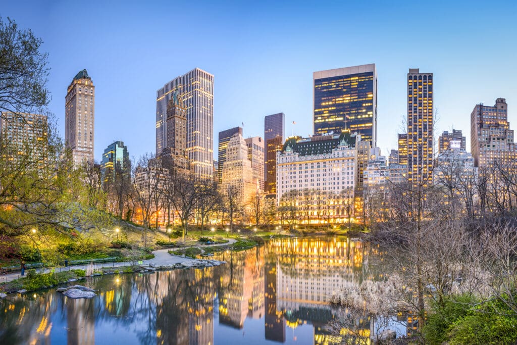Central Park avec les arbres dénudés et la skyline illuminée de Manhattan en arrière-plan