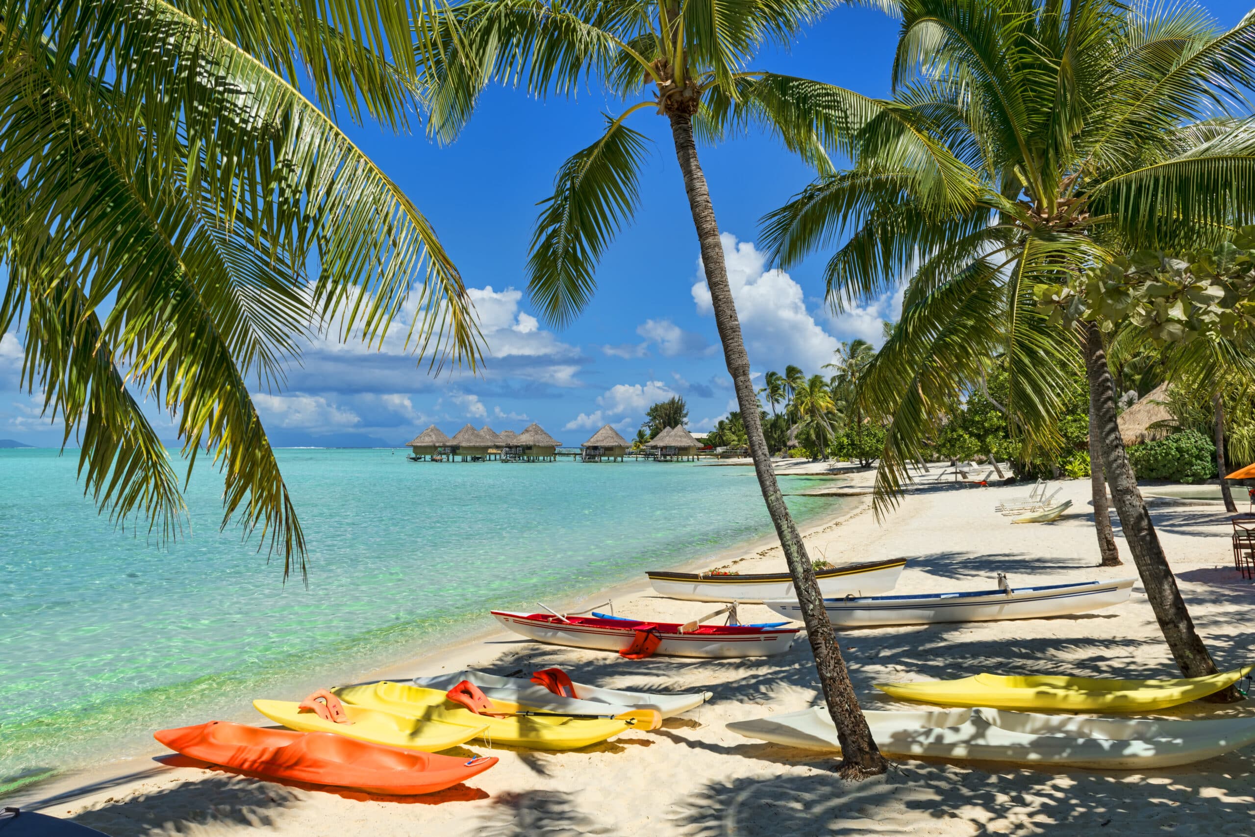 http://Kayaks%20colorés%20sur%20une%20plage%20de%20sable%20blanc%20bordée%20de%20palmiers%20face%20à%20un%20lagon%20turquoise.