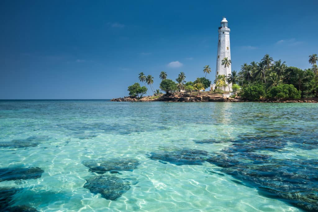 Phare blanc de Galle sur la côte sud du Sri Lanka, entouré de cocotiers