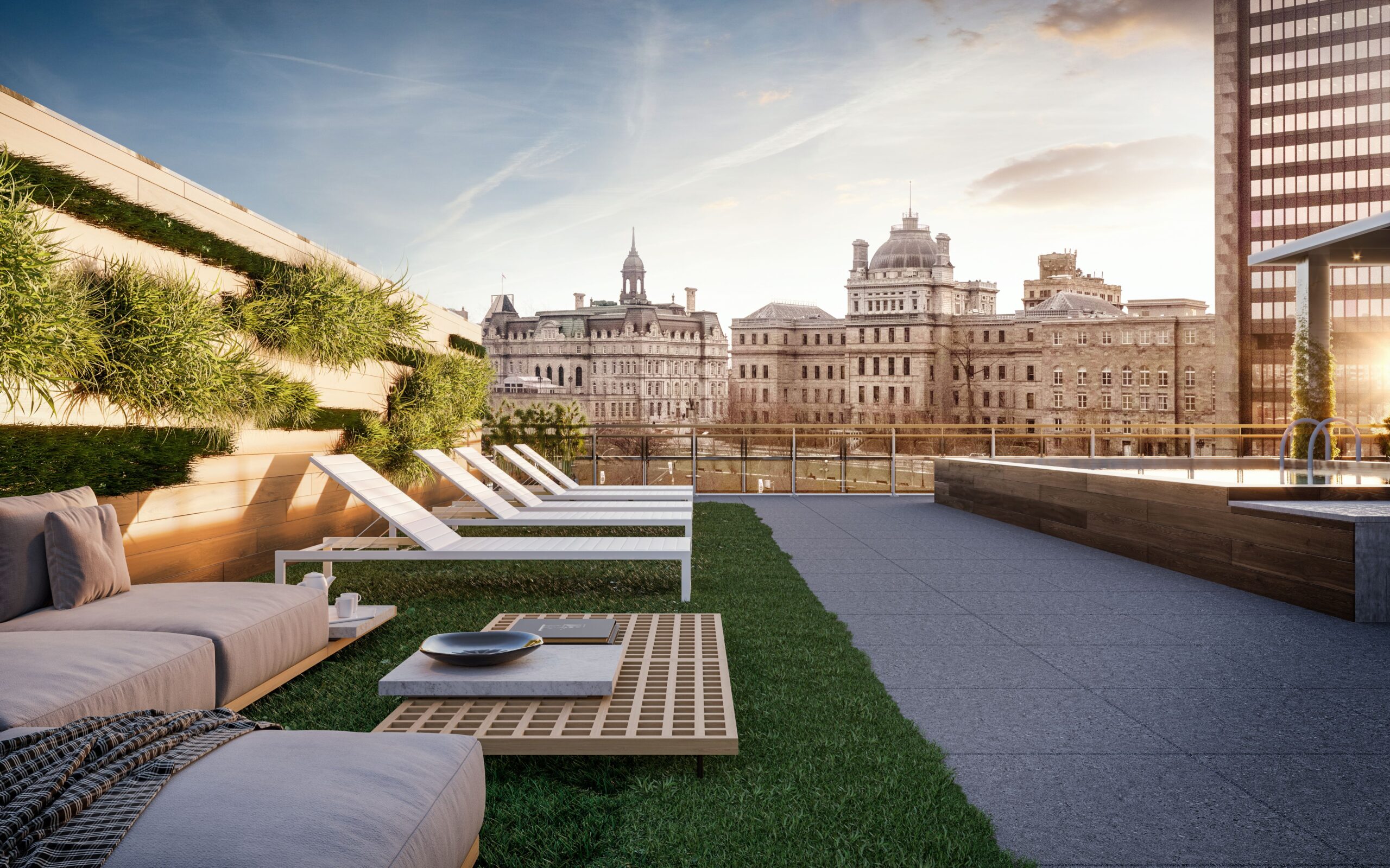 http://Terrasse%20moderne%20d'un%20hôtel%20avec%20chaises%20longues,%20piscine%20et%20vue%20sur%20le%20centre-ville%20de%20Montréal.