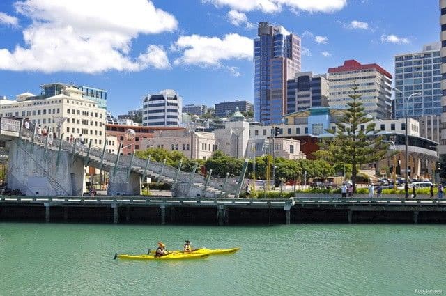 http://Skyline%20de%20Wellington%20avec%20kayak%20sur%20l’eau%20au%20premier%20plan