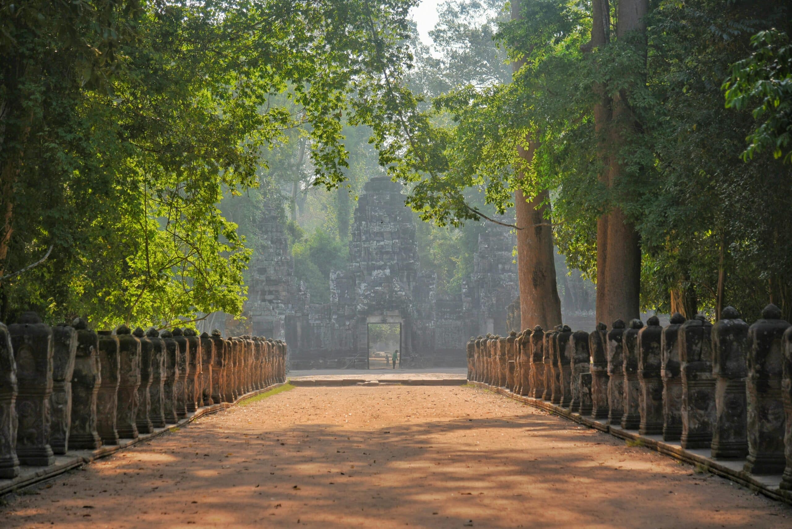 http://Chemin%20bordé%20de%20statues%20menant%20à%20un%20temple%20envahi%20par%20la%20jungle%20au%20Cambodge