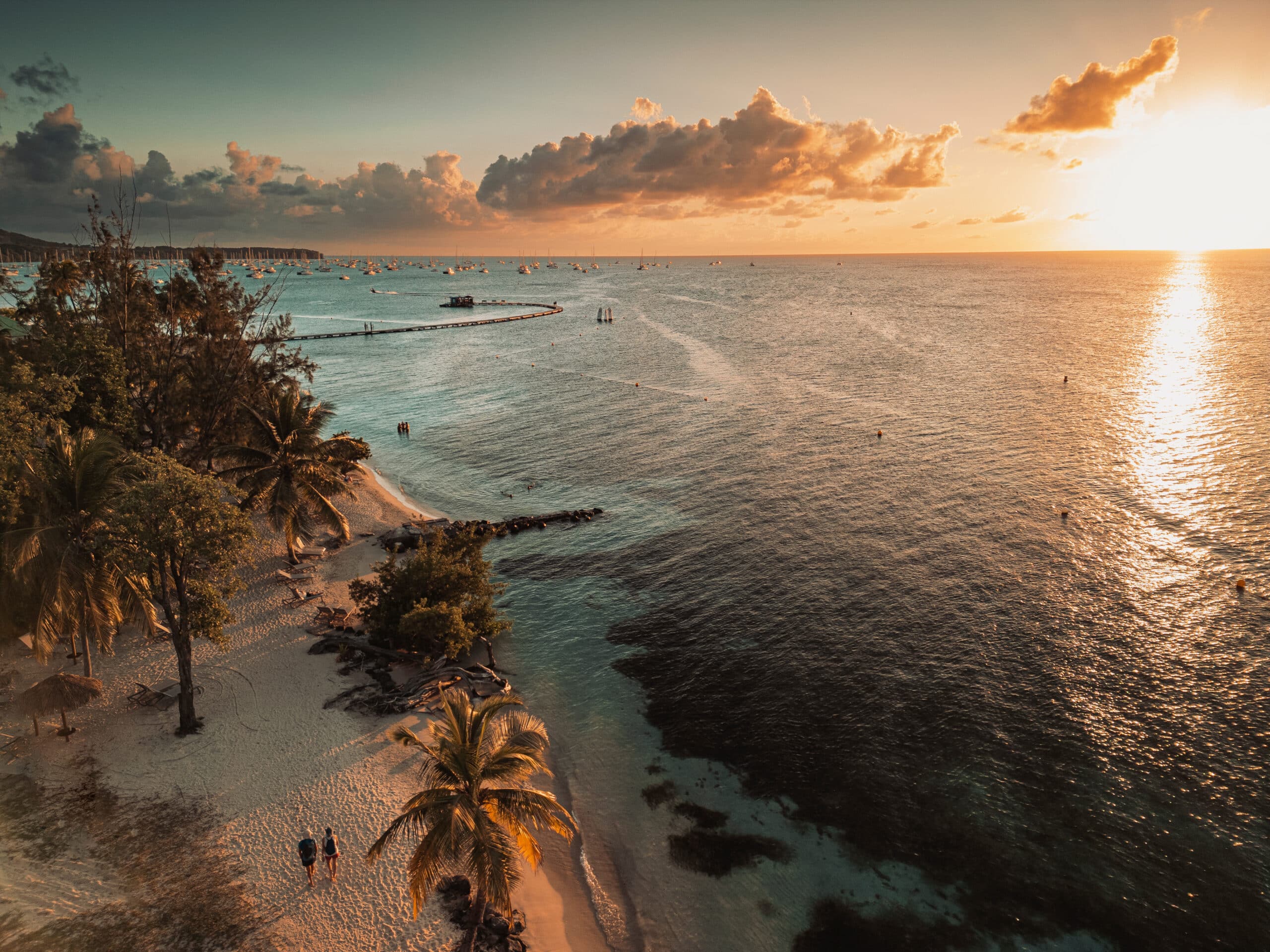 http://Plage%20bordée%20de%20palmiers%20au%20coucher%20du%20soleil%20avec%20vue%20sur%20la%20mer%20des%20Caraïbes%20et%20des%20voiliers%20au%20large.