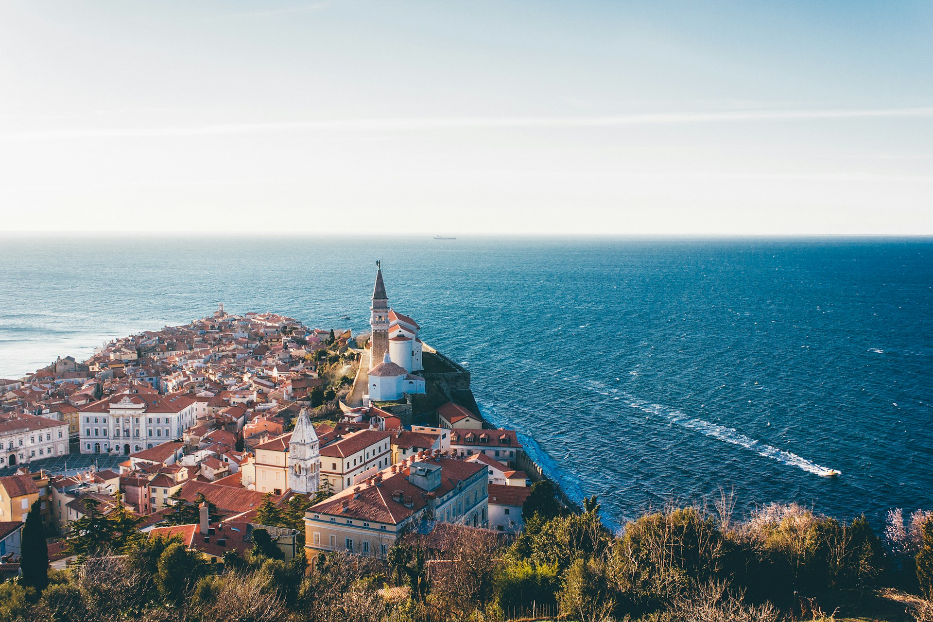 Vue panoramique sur la vieille ville de Piran et son littoral adriatique en Slovénie, avec ses toits en tuile rouge et son clocher.